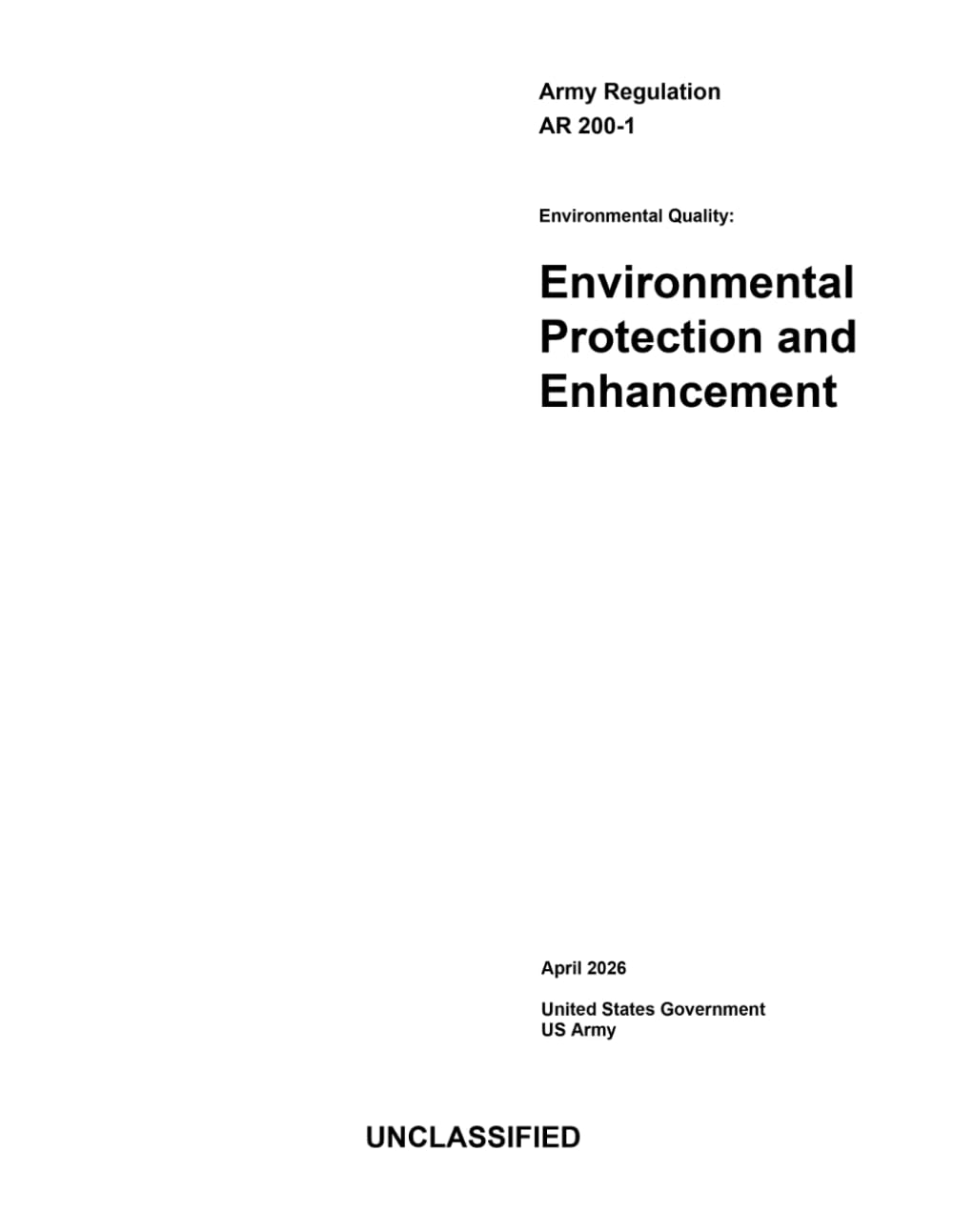 Army Regulation AR 200-1 Environmental Quality: Environmental Protection and Enhancement April 2026 baixar livro de graça