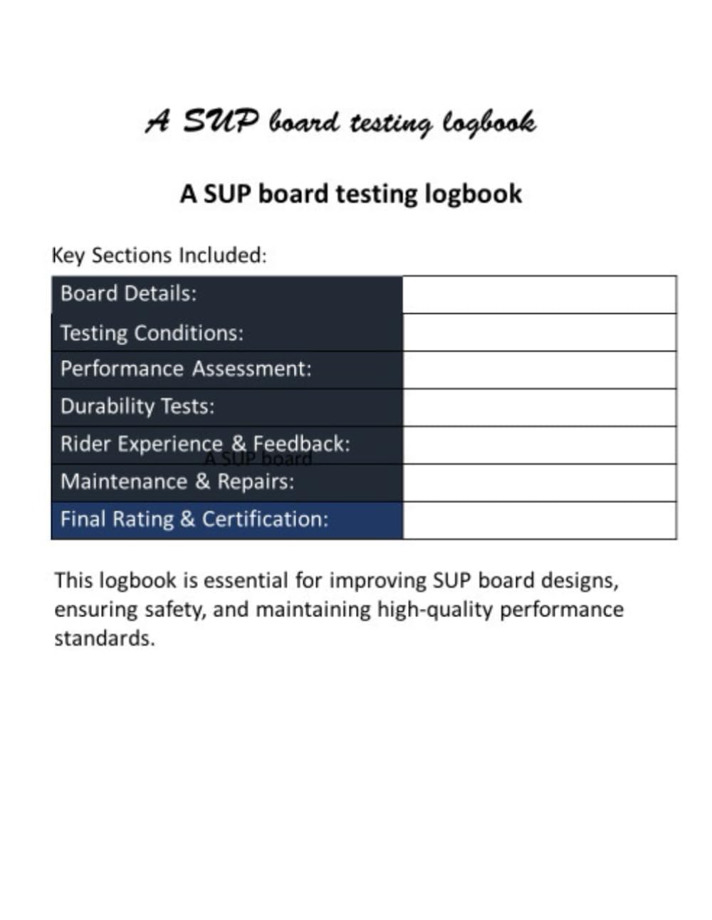 A SUP board testing logbook: A comprehensive tool for recording SUP boards' performance evaluations, durability tests, and quality assessments. baixar livro de graça