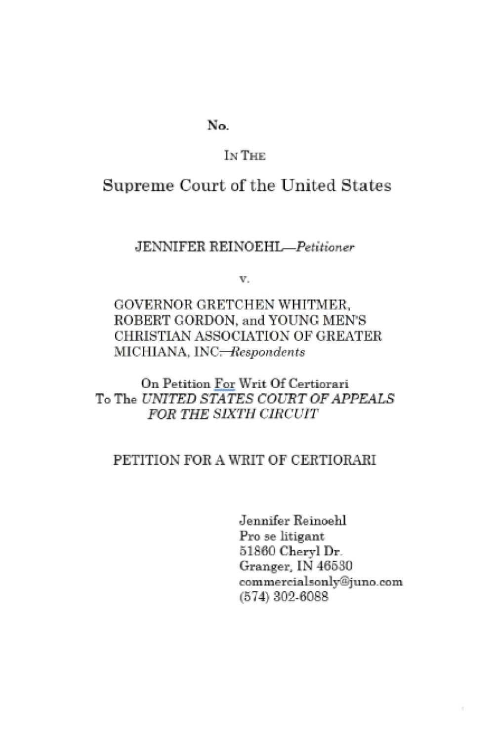 In the Supreme Court of the United States Jennifer Reinoehl v. Governor Gretchen Whitmer, et al. baixar o livro de graça