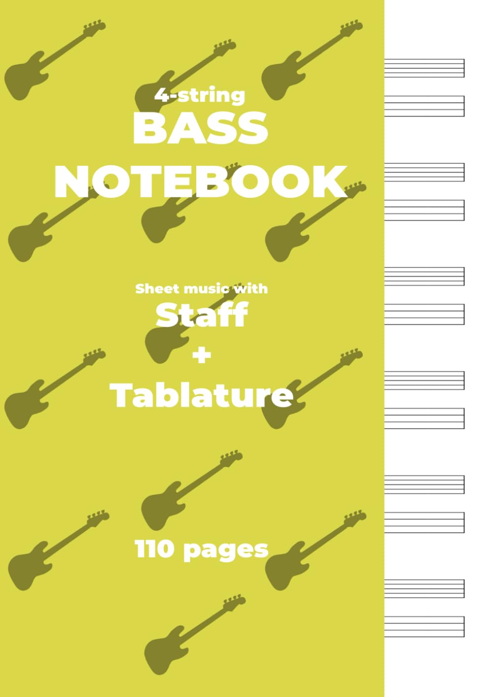 ler totalmente BASS NOTEBOOK. Sheet music with Staff + Tablature: Yellow cover, white paper, A4 size, ideal for bassists. 6 staff + tablatures per page.