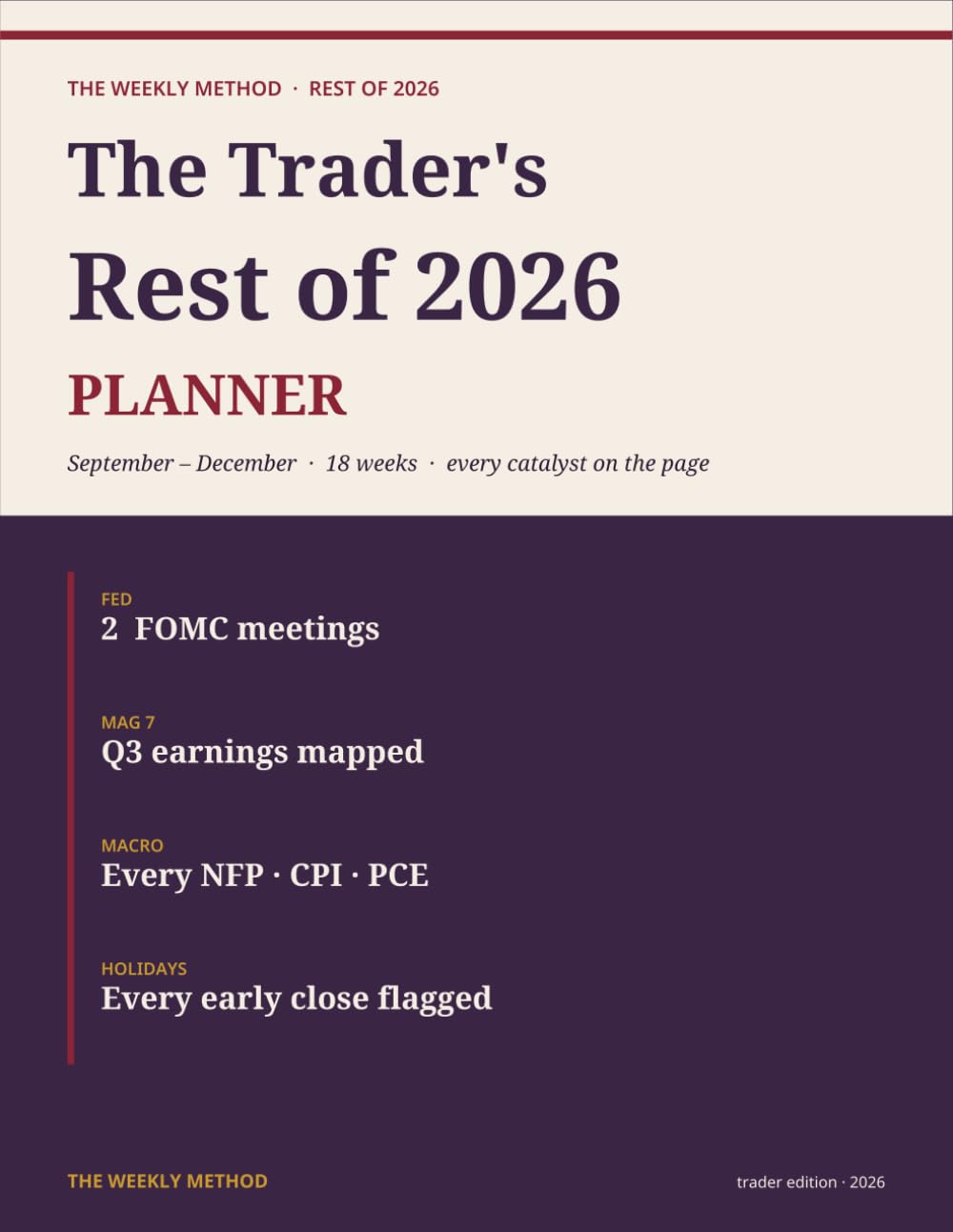ler totalmente The Retail Trader's Rest-of-2026 Planner: An 18-Week Trading Journal with Every FOMC, CPI, NFP, PCE & Magnificent 7 Earnings Date Already on the Page (Sept–Dec 2026)
