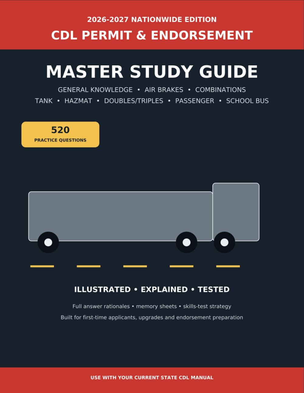 capítulo por capítulo baixar CDL Permit & Endorsement Master Study Guide 2026–2027: 520 Practice Questions for General Knowledge, Air Brakes, Combination Vehicles, HazMat, Tanker, Passenger & School Bus