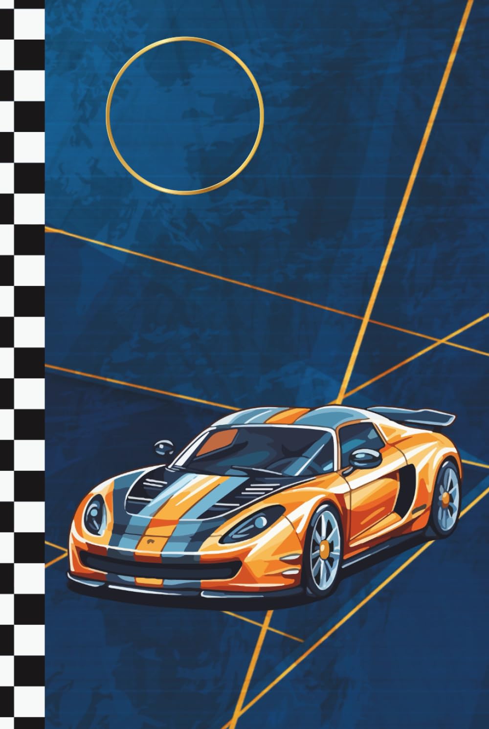 ler totalmente Composition Notebook College Ruled: Orange Luxury Sports Car and Checkered Spine Aesthetic on Blue Background