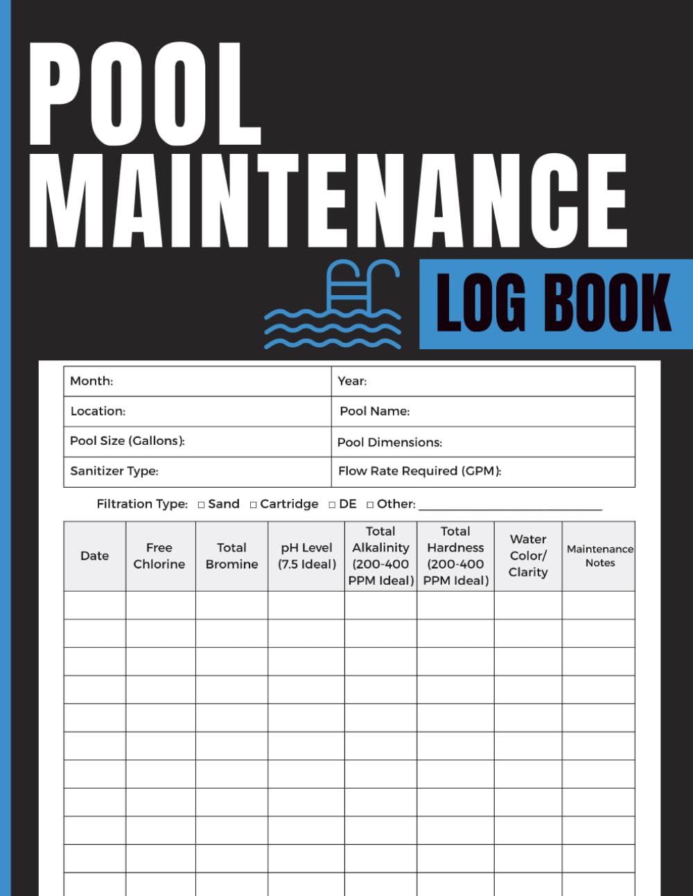 ler totalmente Pool Maintenance Log Book: Daily Water Testing, Chemical Tracking and Equipment Service Record for Pool Technicians, Homeowners, Property Managers, Hotels, Resorts, and Aquatic Facilities