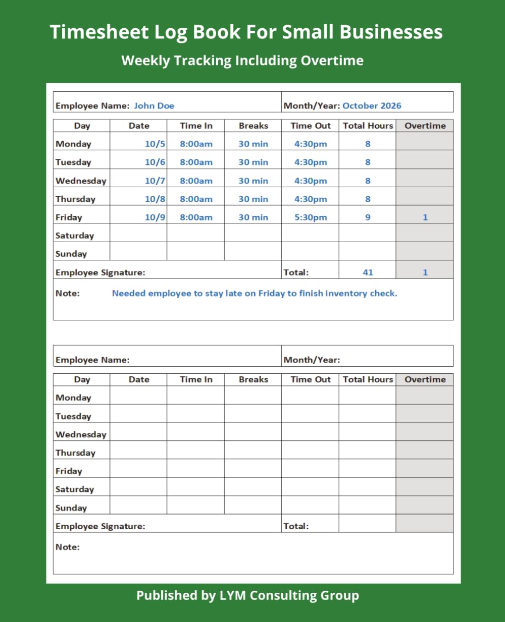 Timesheet Log Book For Small Businesses: Weekly Tracking Including Overtime baixar livro de graça