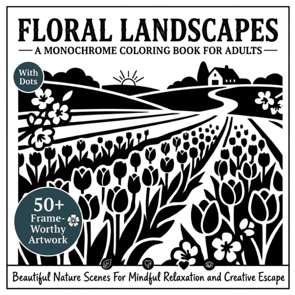 Floral Landscapes: A Monochrome Coloring Book For Adults With Dots | Featuring 50+ Beautiful Nature Scenes for Mindful Relaxation, Creative Escape & Frame-Worthy Artwork baixar o livro de graça