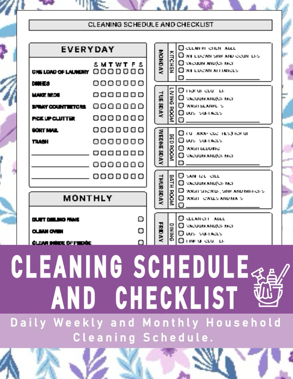 ler totalmente Cleaning Schedule and Checklist: Daily, Weekly, and Monthly Cleaning Schedule Log | Household Chores with Checklists | House Cleaning Planner and Organizer