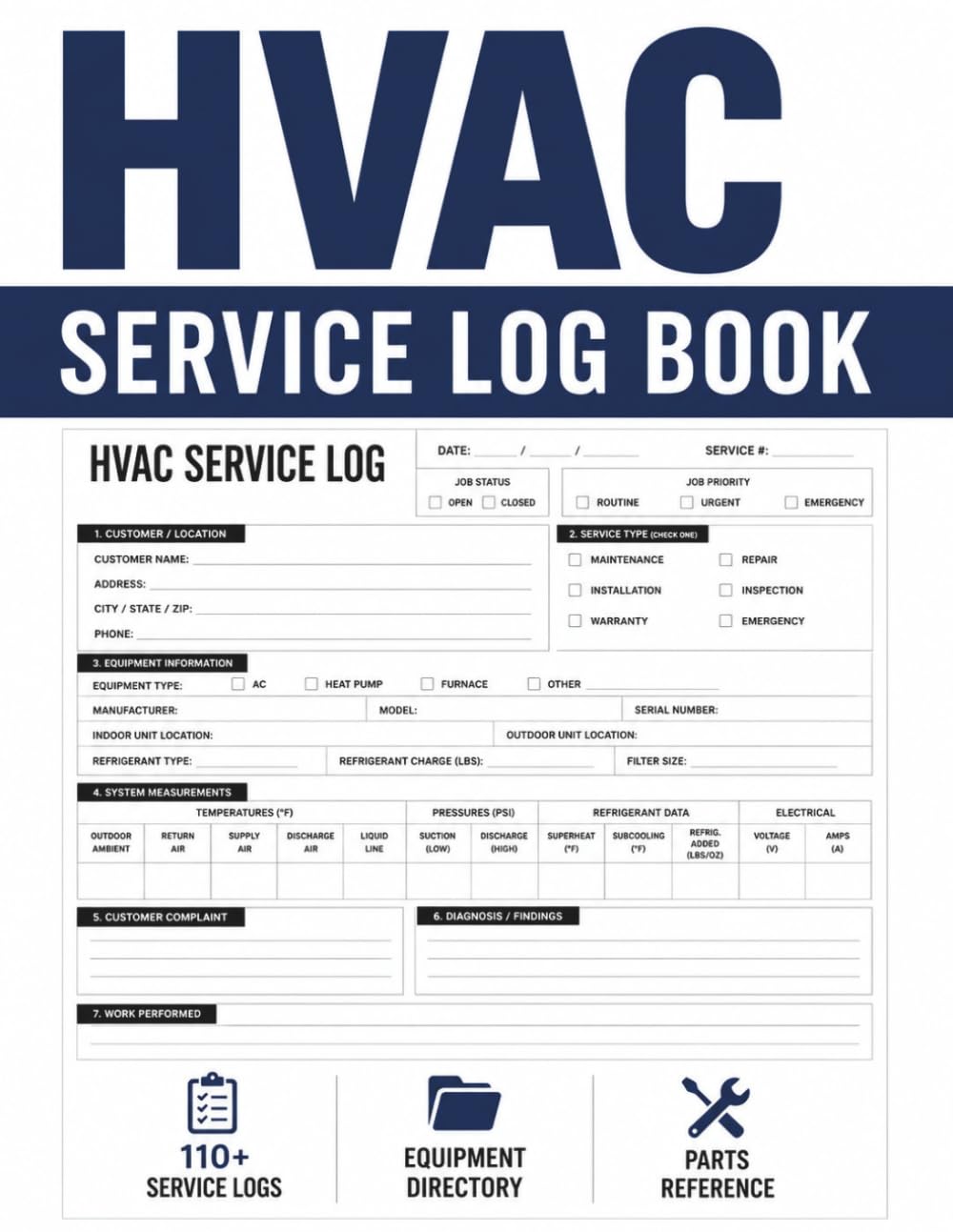 ler totalmente HVAC Service Log Book: HVAC Maintenance & Repair Record Book | Technician Service Calls, Equipment Information, Refrigerant Tracking, System Measurements, Parts Inventory & Customer Records
