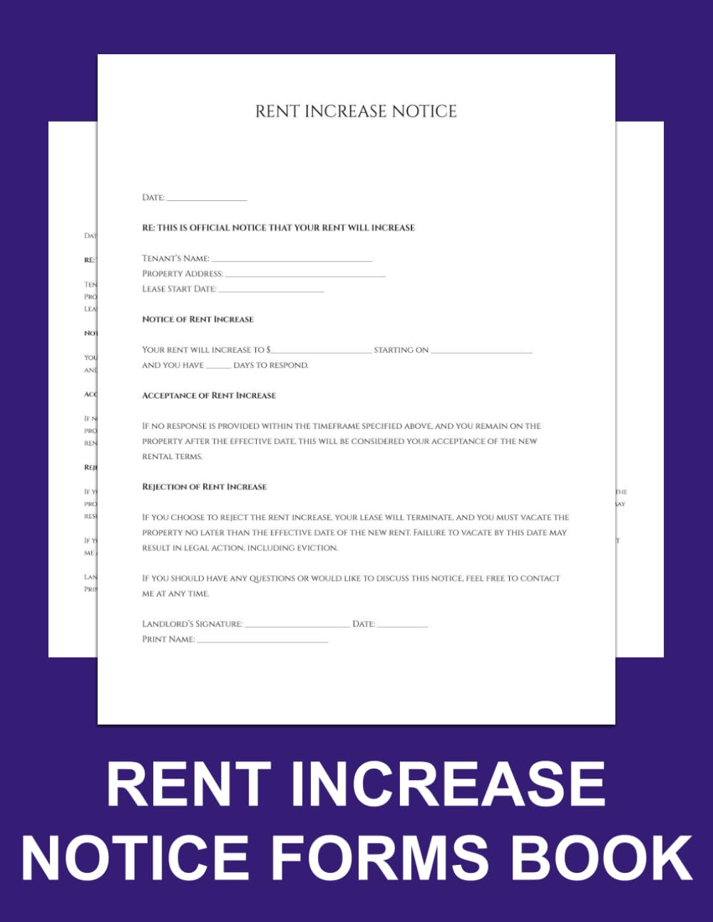 capítulo por capítulo baixar Rent Increase Notice Forms Book, Rent Increase Notice Letter for Landlord Use to Review Tenant Fees, and Tenancy Fee Increase Notification Forms (60 forms, one-sided, size 8.5 × 11 inches).