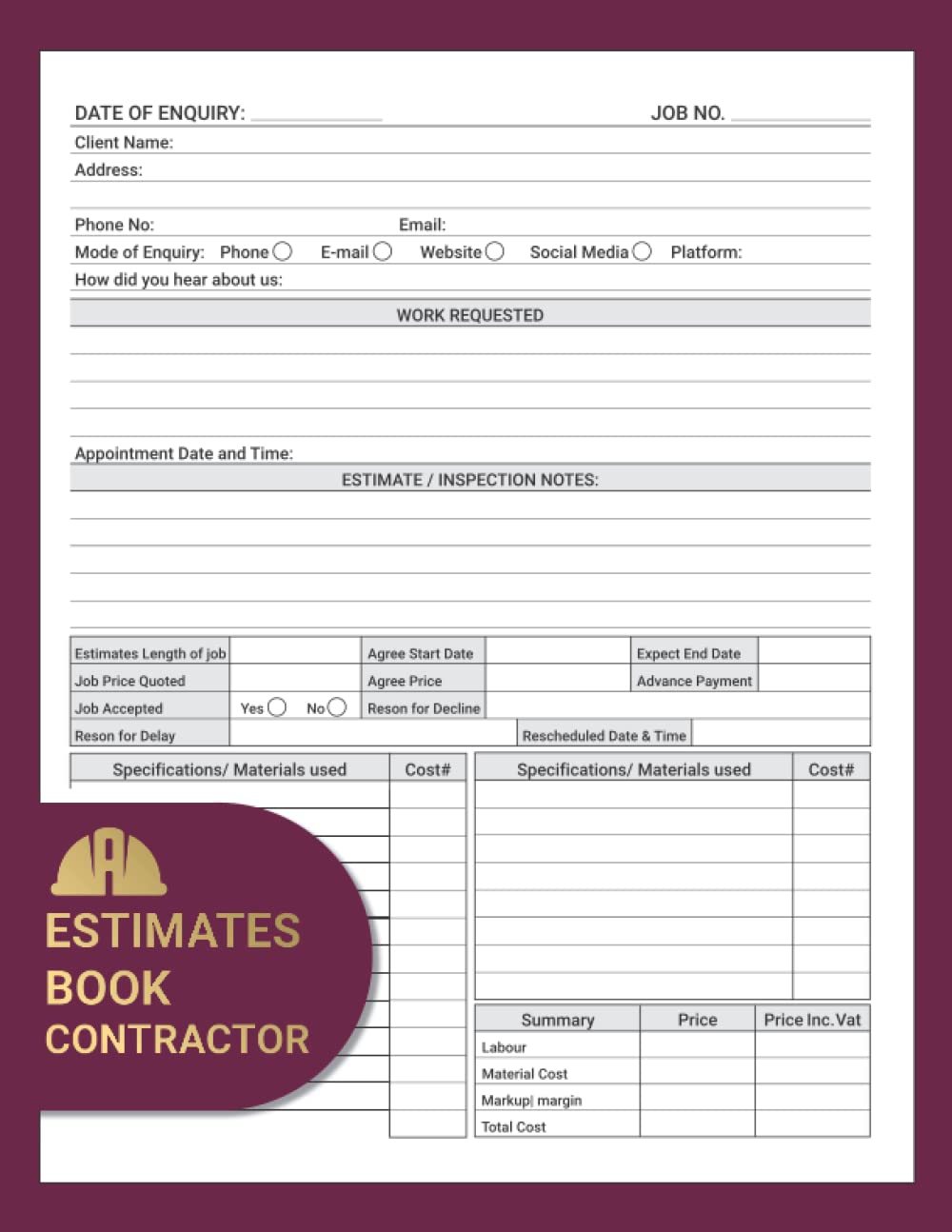 Estimate Book Contractor: Log book to record client details, job quotes, estimates, Contractor notebook Organizer, Record Book, Complete with dot grid diagram, Measurement pages baixar o livro de graça