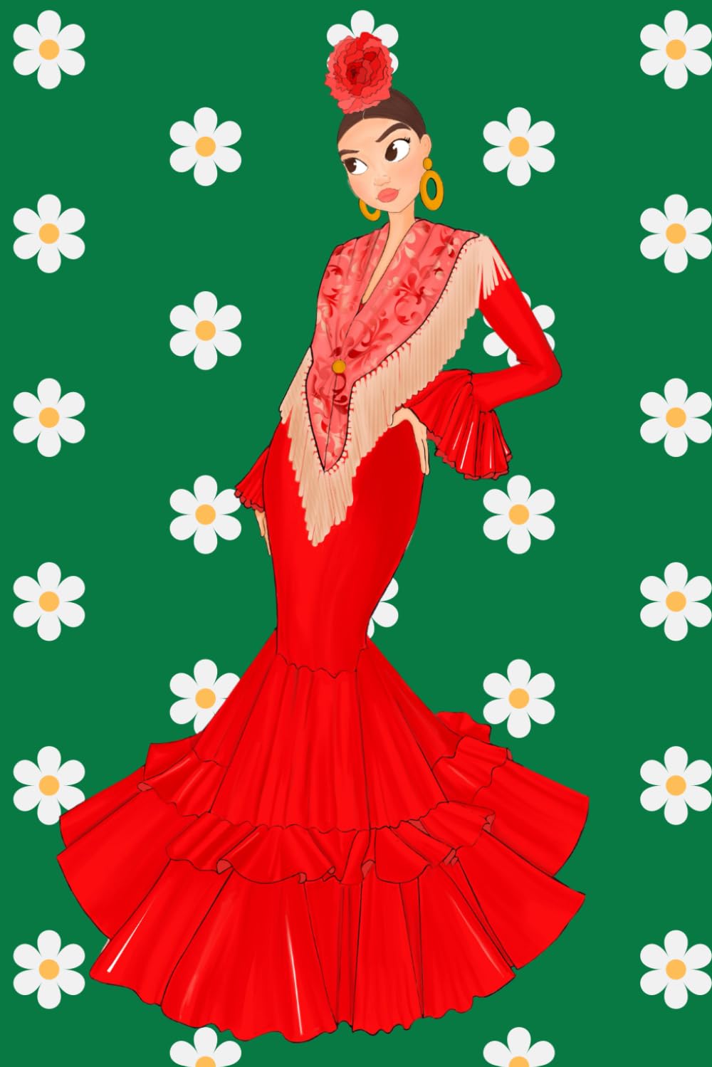 ler totalmente Notebook: Flamenca Lucía con fondo verde y margaritas – 6 x 9 in (15,24 x 22,86 cm) – 120 páginas rayadas – Tapa brillante