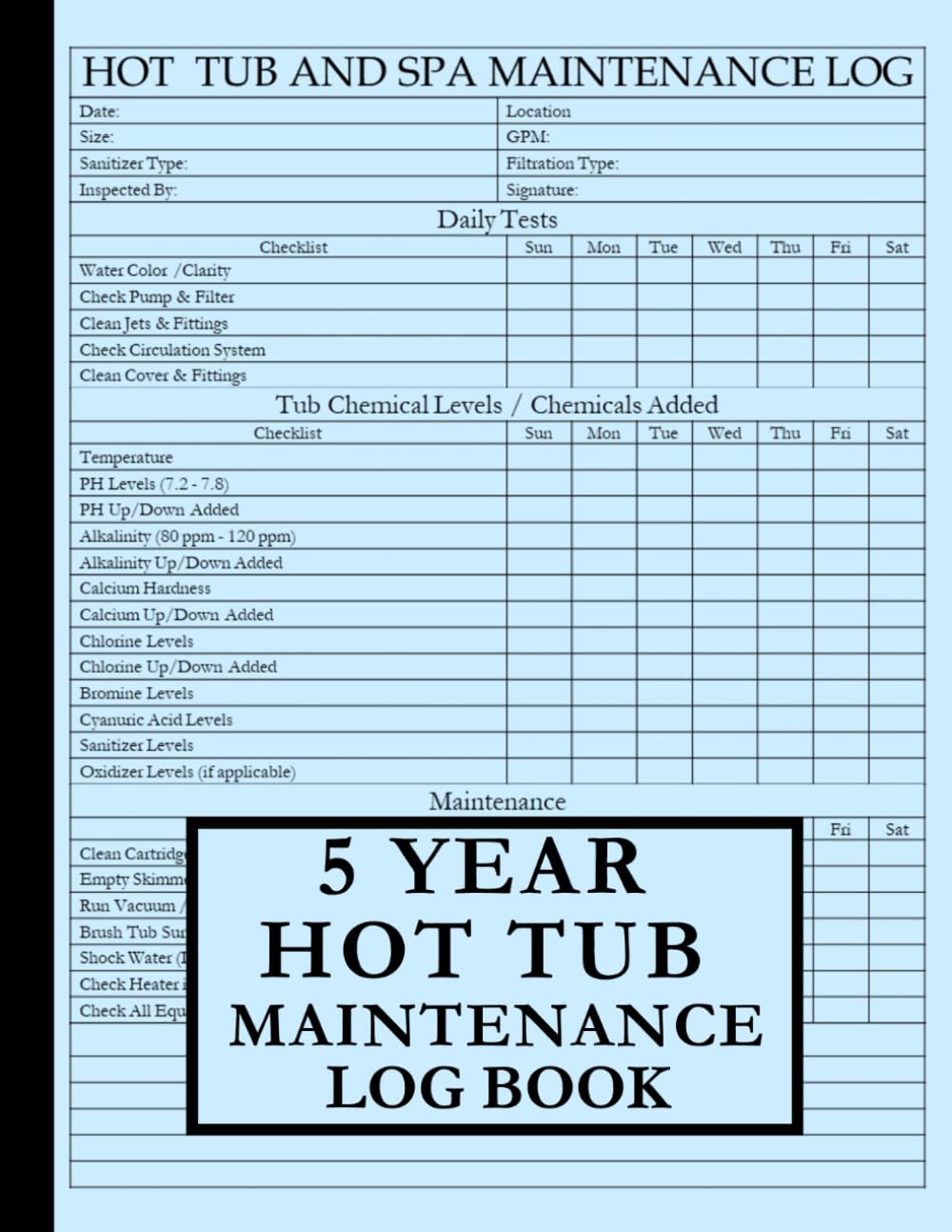 capítulo por capítulo baixar 5 Year Hot Tub and Spa Maintenance Log Book: 7-in- 1 Hot Tub Maintenance Checklist Notebook to Track Water Chemistry, Supplies and Expenses