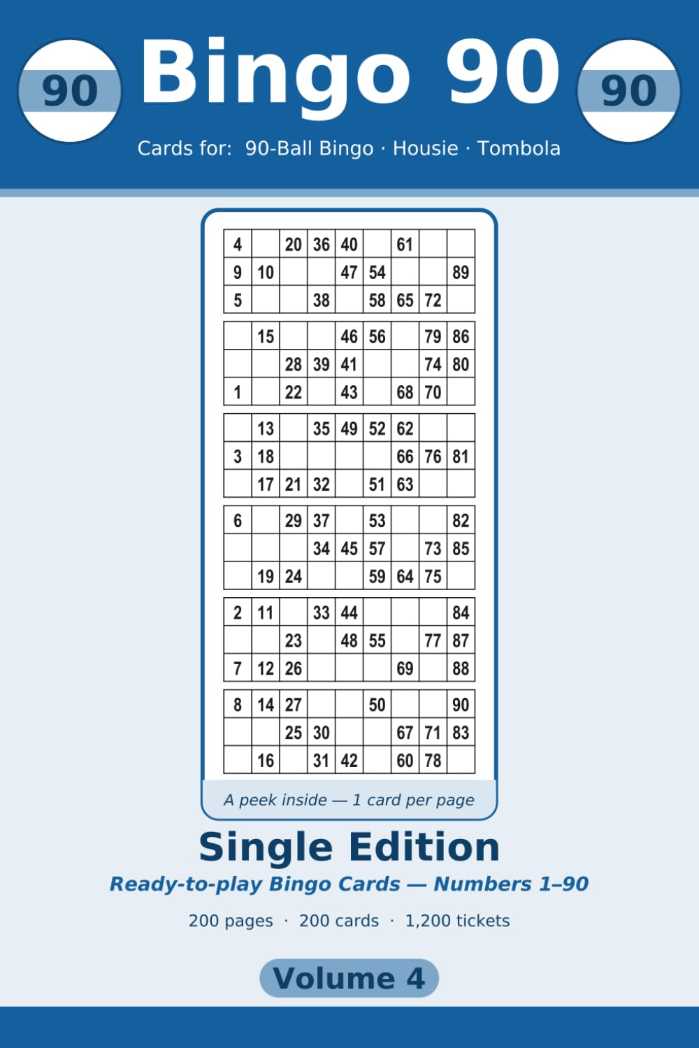 Bingo 90: Single Edition: 200 Large-Print 90-Ball Housie & Tombola Sheets, One Card Per Page (Volume 4) baixar livro de graça