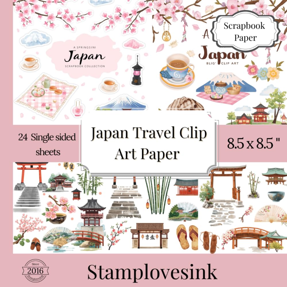 Japan Travel Clip Art Scrapbook Paper: Decorative Japanese-Inspired Craft Paper with Cherry Blossoms, Travel Icons, Temples, Mount Fuji and Vintage Journal Designs baixar livro de graça