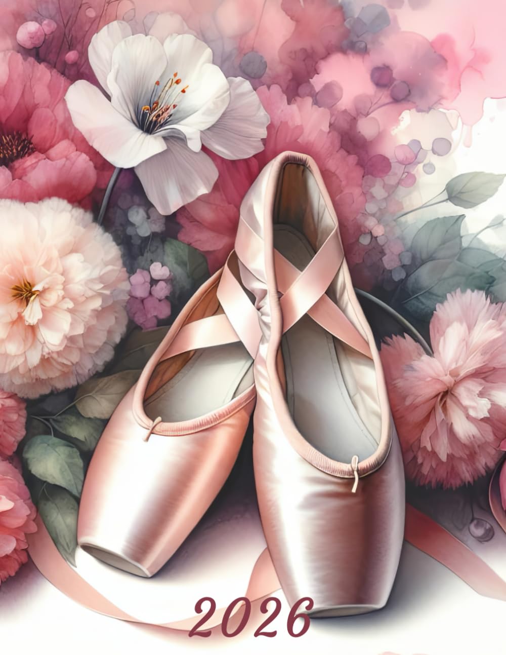 ler totalmente 2026: Large Monthly Calendar Planner – Watercolor Ballet Shoes In Flowers