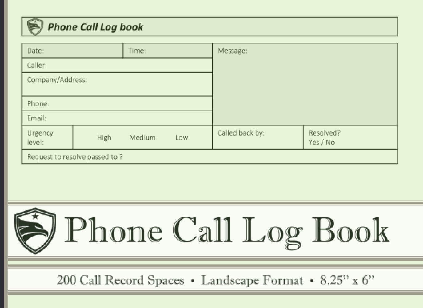 ler totalmente Phone Call Log Book | Record Phone Call messages and Voicemail Recordings | Notebook With 200 Call Log Spaces, Inbound and Outbound for Business and... | Landscape | 8.25'' x 6 '' | Tea Green Cover