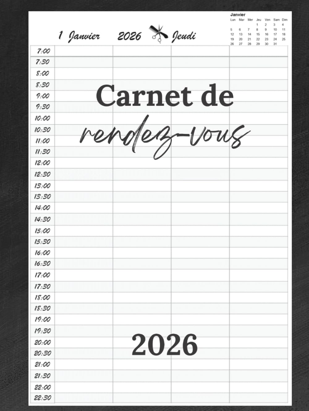 Carnet de rendez-vous coiffeur 2026: Agenda coiffure rendez-vous 2026, un jour = une page, de 07:00 à 22:30 intervalles de 30 minutes, Format A4. baixar o livro de graça