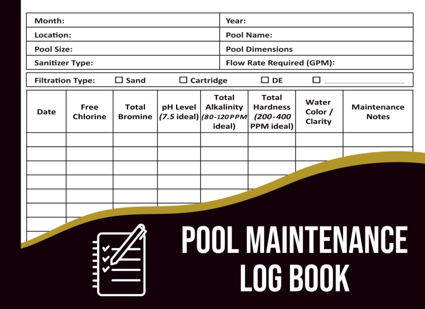 ler totalmente Pool Maintenance Log Book: Water Testing & Chemical Record Journal for Chlorine, Bromine, pH, Alkalinity & Hardness Tracking.