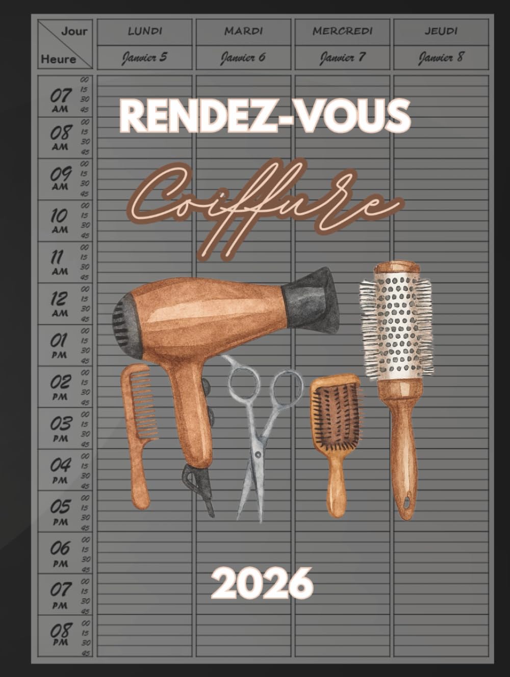 Carnet de rendez-vous coiffeur 2026: Agenda RDV coiffure 2026, Planificateur de rendez-vous 2026, par incréments de 15 minutes, de janvier 2026 à décembre 2026, agenda journalier, hebdomadaire baixar livro de graça