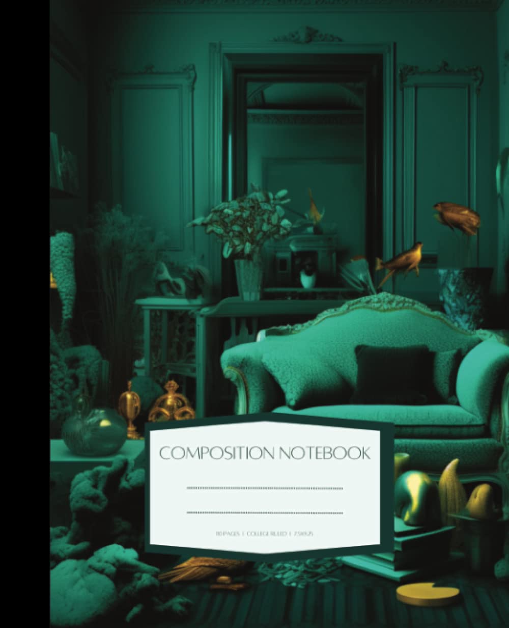 ler totalmente Composition Notebook College Ruled: Surreal Gothic Vintage Livingroom, Fish, House Plant, Couch, and Abstract Illustration with Teal Pattern | Cute... gift idea for school and office (7.5x9.25)