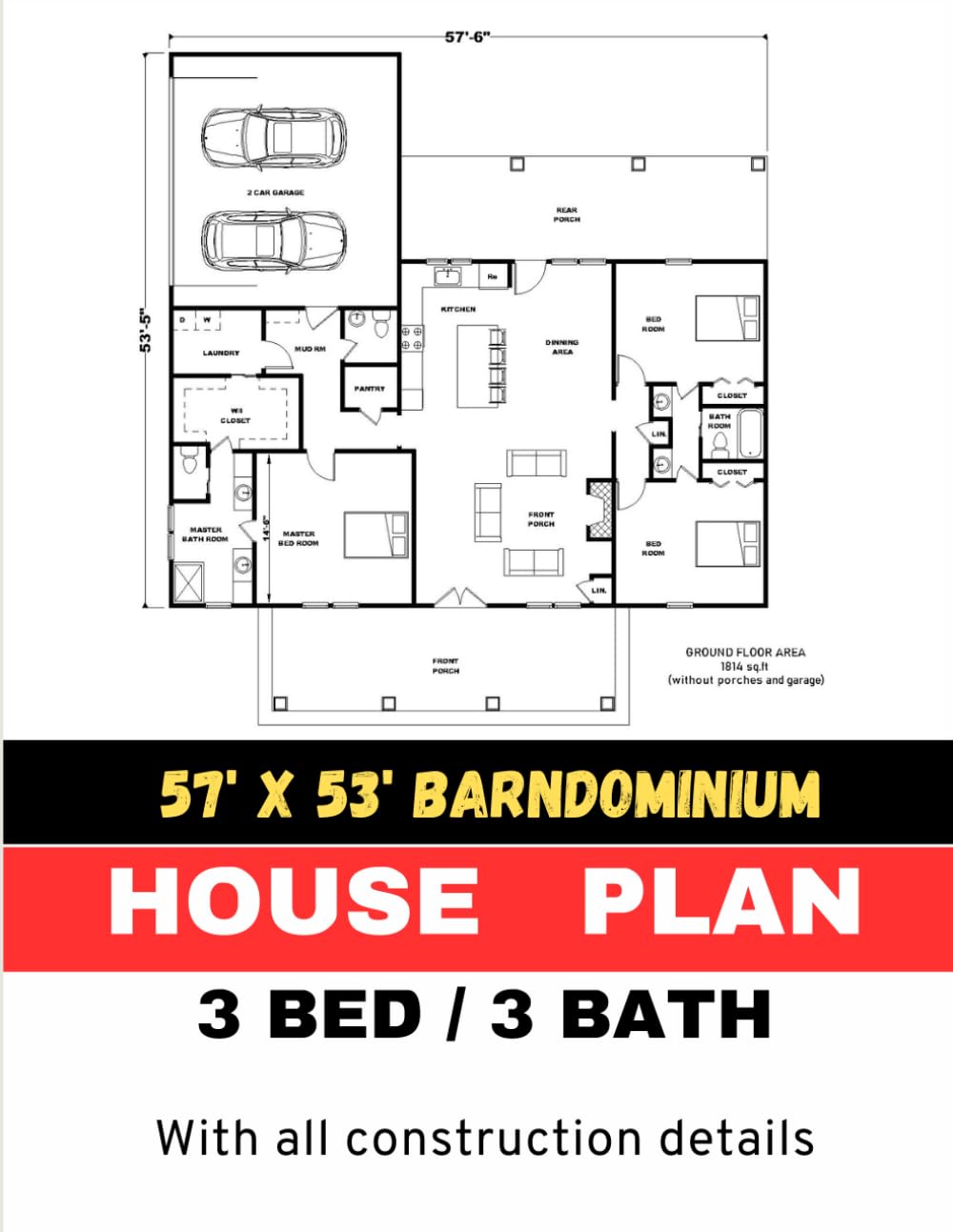 57' x 53' Custom Barndominium House Plan: 3 Bedroom & 3 Bathroom with AutoCAD File: With all Construction Details baixar livro de graça