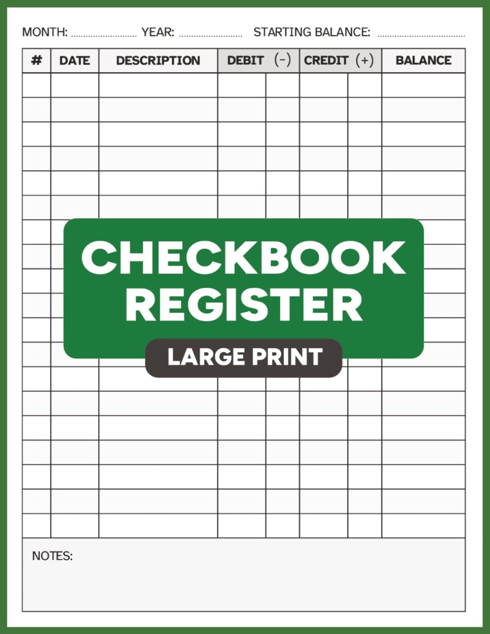 Checkbook Register: Large Print Transaction Log With Space for Debits, Credits, and Running Balance