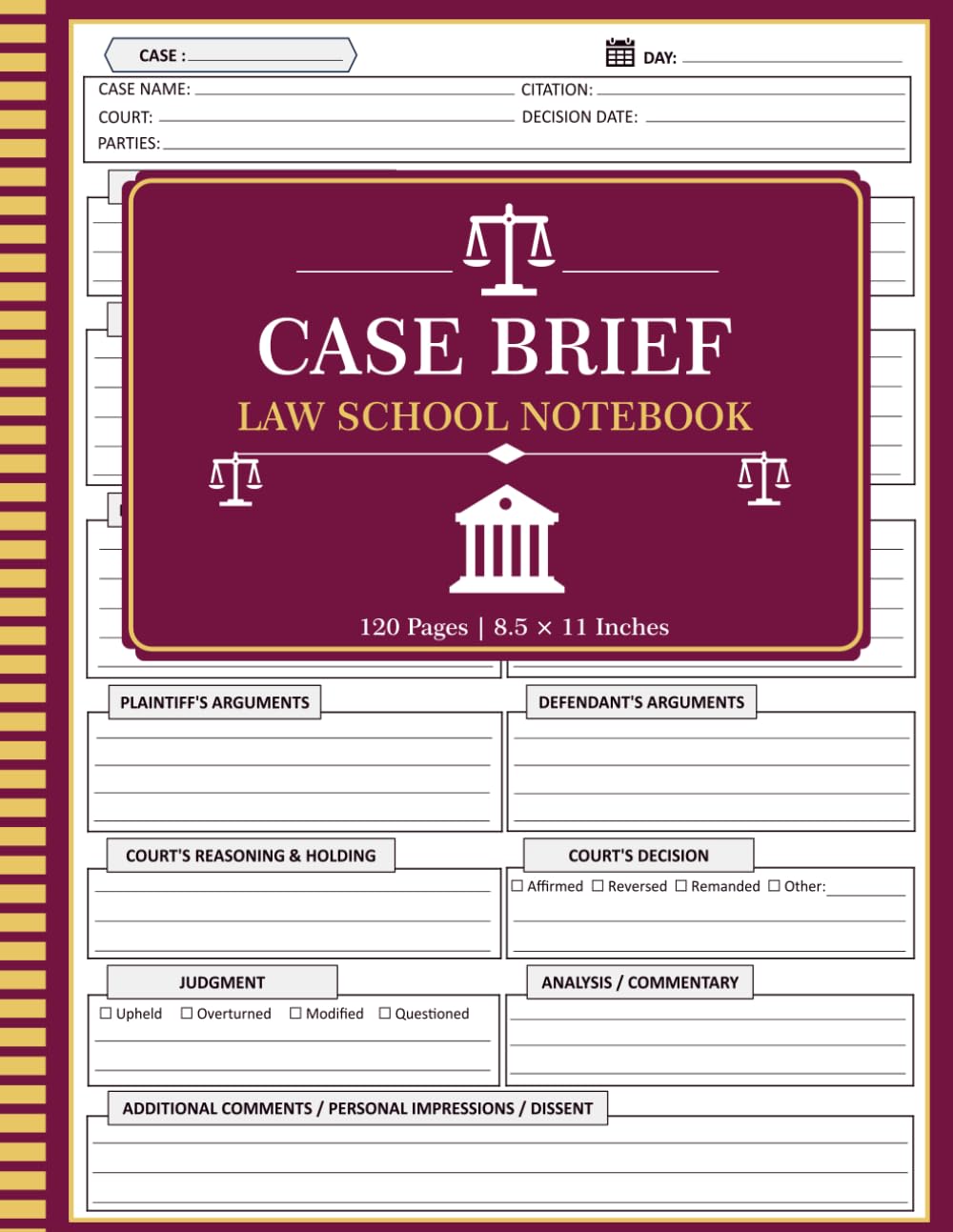 ler totalmente CASE BRIEF LAW SCHOOL NOTEBOOK: Legal Case Brief Templates for Law Students to Organize Facts, Issues, Rules, Arguments, Court Decisions and Case Notes