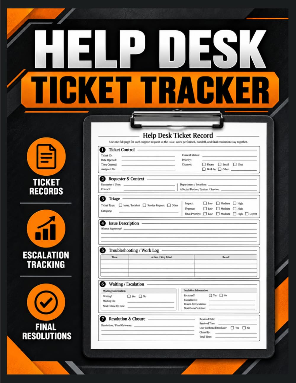 ler totalmente Help Desk Ticket Tracker: Support Ticket Log for Recording Issues, Assigned Technicians, Work Performed, Escalations and Follow-Ups and Resolutions