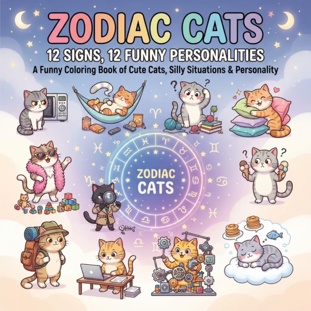 ler totalmente Zodiac Cats: 12 Signs, 12 Funny Personalities: A Funny Coloring Book of Cute Cats, Silly Situations & Personality