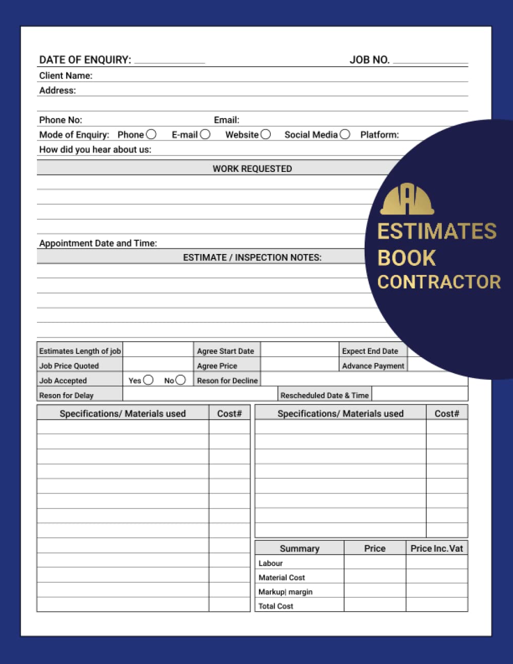 capítulo por capítulo baixar Estimate Book Contractor: Log book to record client details, job quotes, estimates, Contractor notebook Organizer, Record Book, Complete with dot grid diagram, Measurement pages