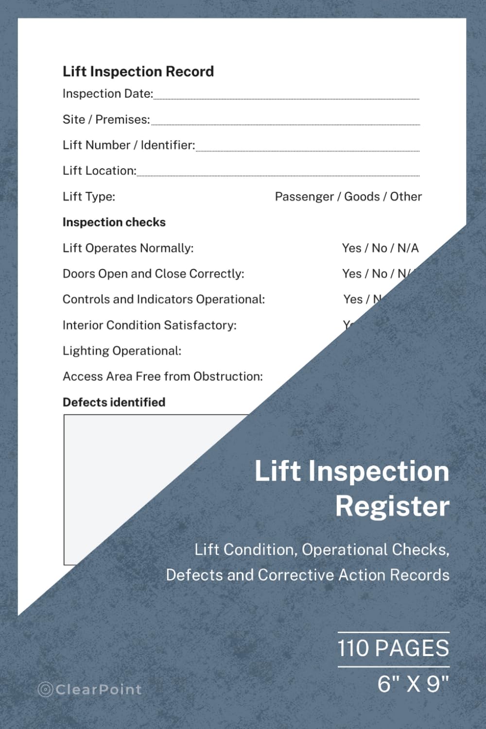 capítulo por capítulo baixar Lift Inspection Register: Lift Condition, Operational Checks, Defects and Corrective Action Records | 110 Pages | 6 × 9 Format: Lift Inspection and... Workplaces and Property Management Teams