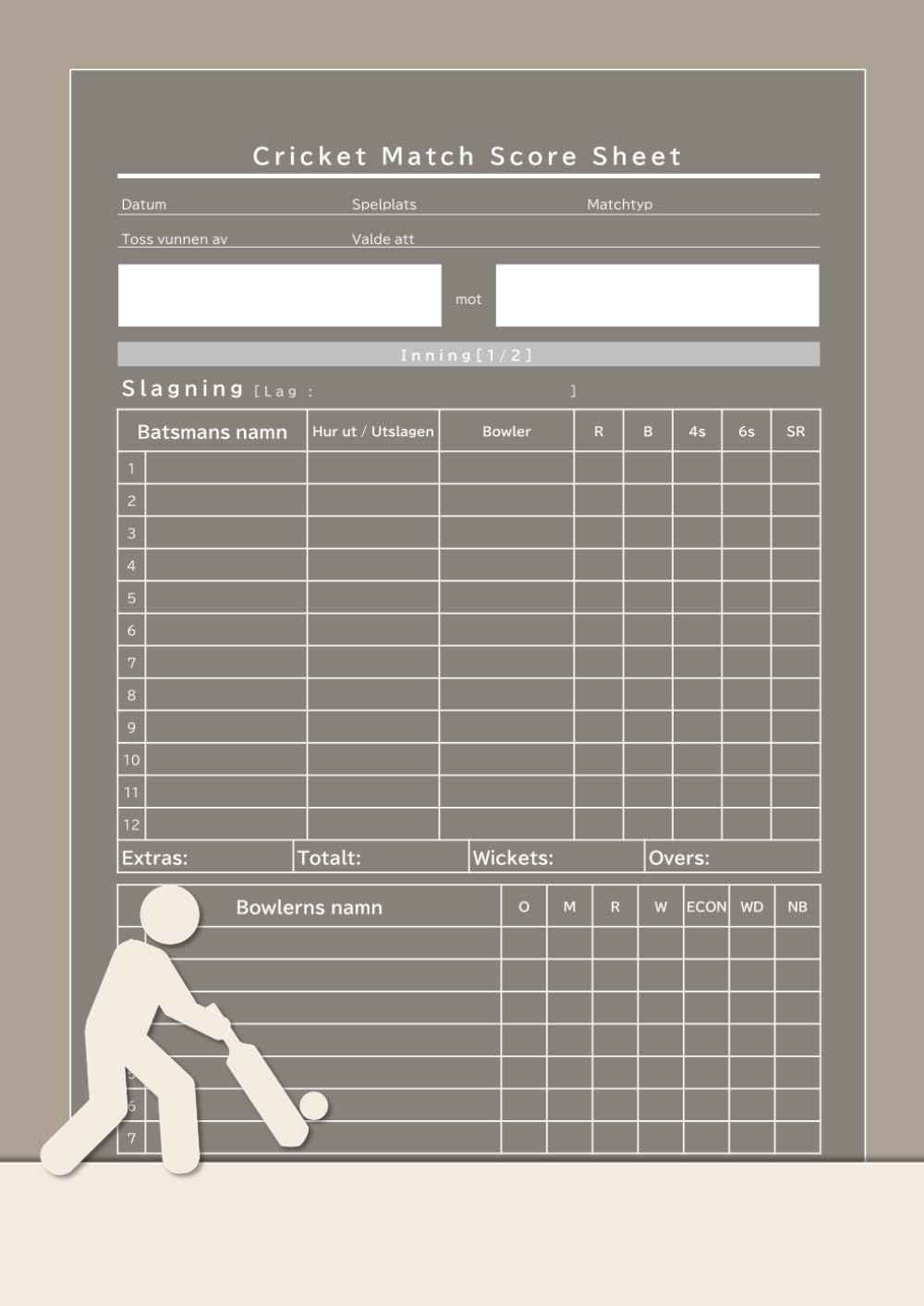 Cricket Score Sheet Anteckningsbok - Stort format (A4-storlek) - 100 matcher, för klubbar, ligor och rekreationsspel (Swedish Edition) baixar livro de graça