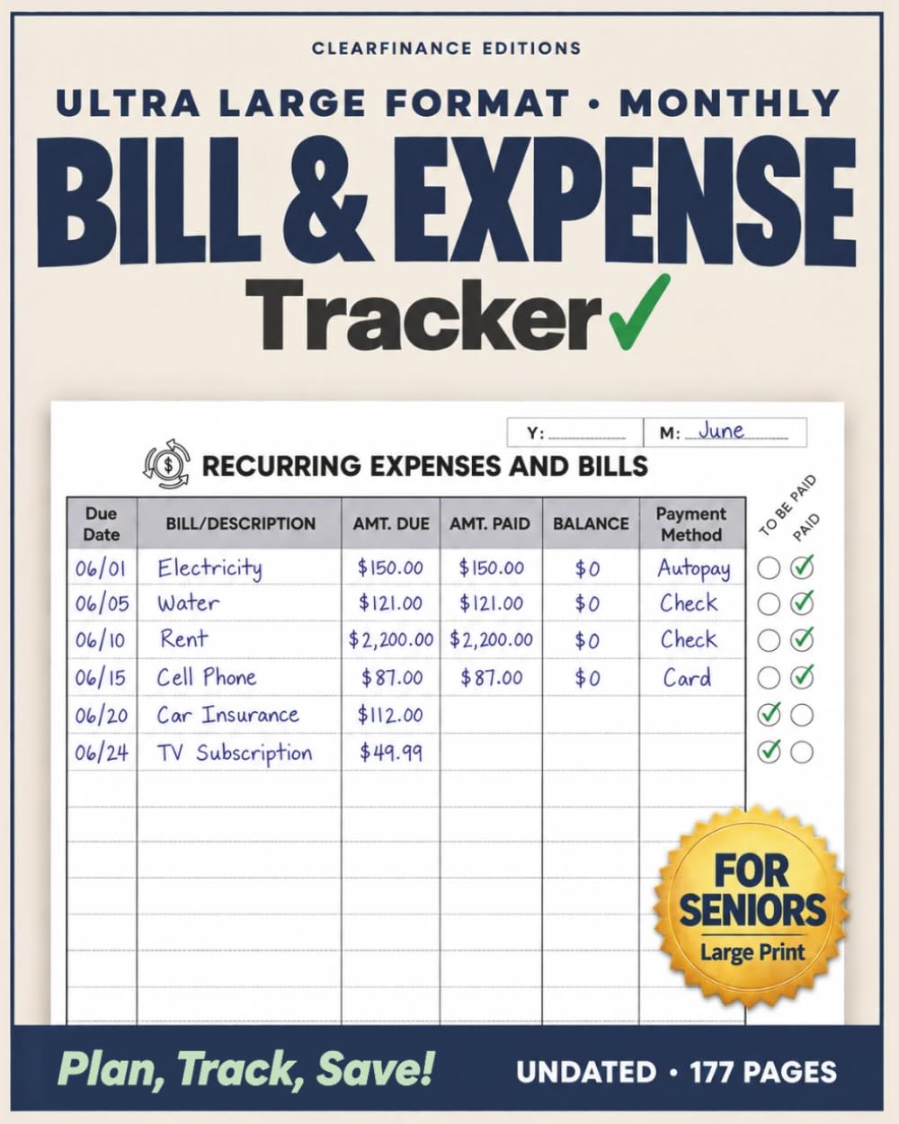 ler totalmente Ultra Large Format Monthly Bill & Expense Tracker: Plan, Track, Save!: Senior-Friendly Design with Debt and Subscription Trackers, Savings Challenges,... (The Complete Financial Tracker Series)