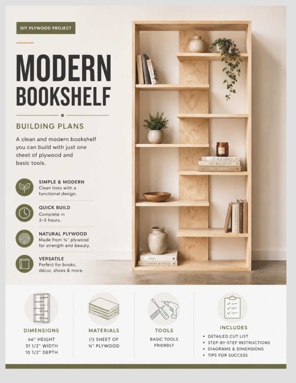 Modern Bookshelf Building Plans: Step-by-Step DIY Plywood Bookshelf Project with Cut Lists, Materials, Tools, Dimensions and Assembly Instructions baixar o livro de graça