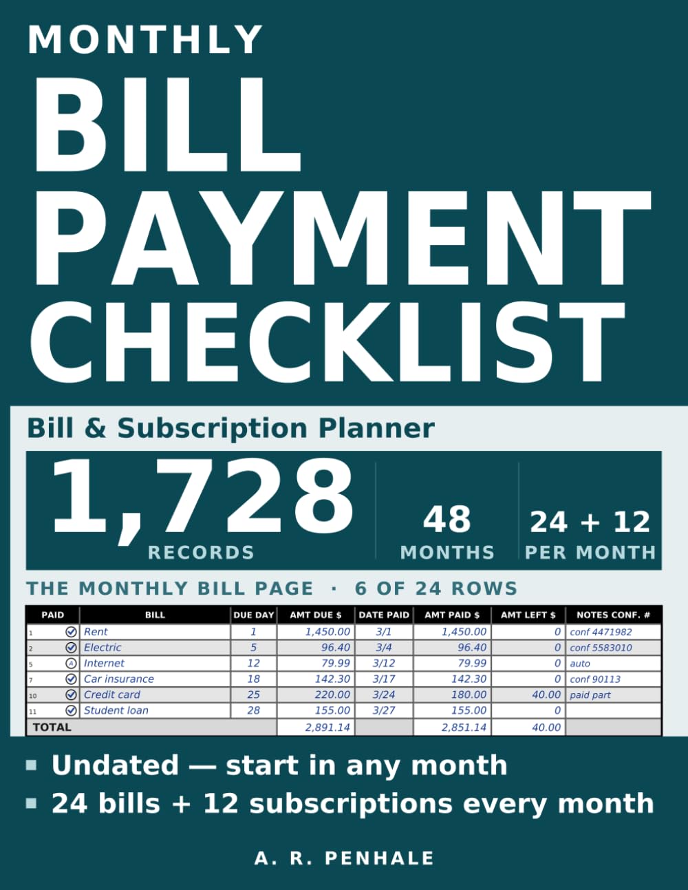 ler totalmente Bill Payment Checklist: Undated Monthly Bill & Subscription Planner - 48 Months: 8.5 x 11 Bill Tracker Notebook: 1,728 Records, Subscription Audit, Savings Goals & Debt Payoff