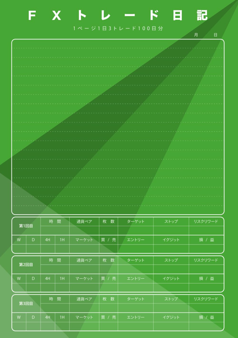 FXトレード日記 グリーン（1ページ1日3トレード合計100日分）: FXトレードノートと日記のハイブリッド記録帳 (Japanese Edition) baixar o livro de graça
