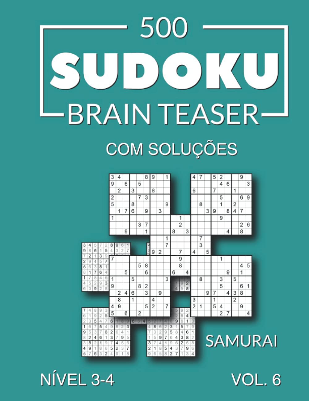 ler totalmente 500 Sudoku Brain Teaser Samurai com soluções Nível 3-4 Vol. 6