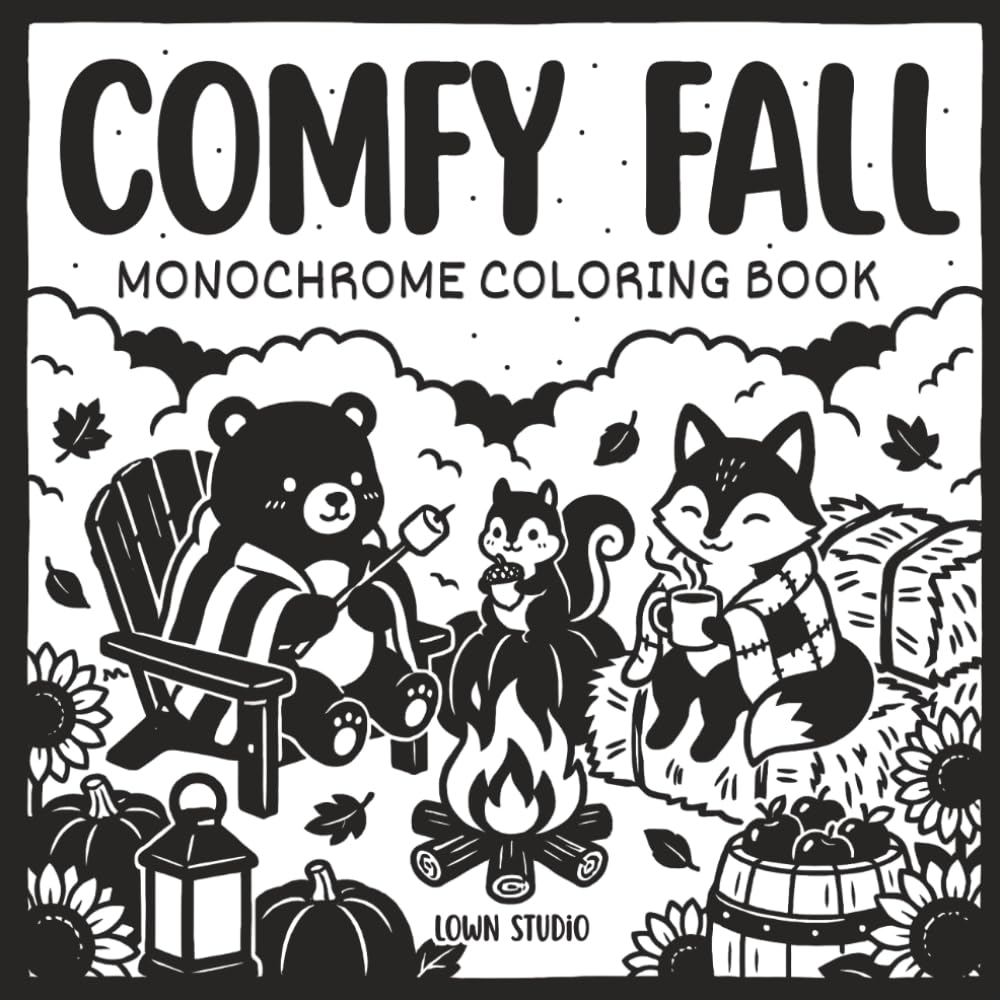 Comfy Fall Monochrome Coloring Book: One Color Cozy Escape Featuring 35 Easy Coloring Designs with Cute Animal Characters to Color with One Pen for Adults and Teens for Stress Relief and Mindfulness baixar o livro de graça