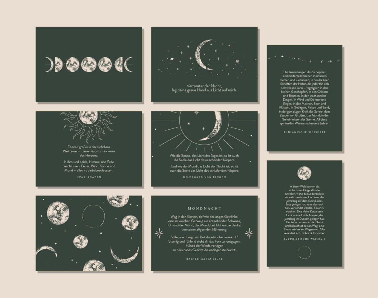ler totalmente Schönes Postkarten Set "Sei wie der Mond": 16 Mond Postkarten mit inspirierenden Botschaften, Sprüchen und Zitaten, verschiedene Mond Motive, hochwertige Grußkarten in dekorativer Box