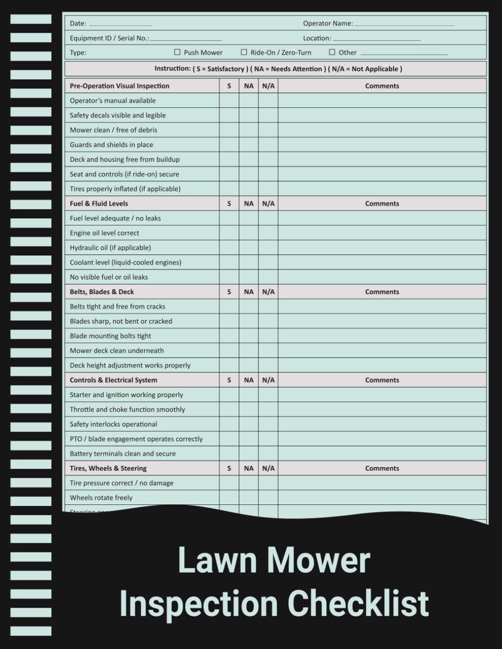 capítulo por capítulo baixar Lawn Mower Inspection Checklist: Pre-Operation Safety & Maintenance Inspection Record for Landscaping and Groundskeeping.