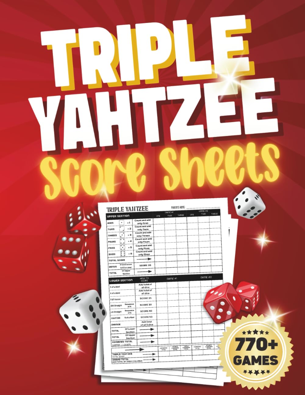 ler totalmente Triple Yahtzee Score Sheets: Track Over 770+ Games with these Large-Print Score Pages | 130-Page, 8.5" x 11" Inches Format Designed for Easy Scoring