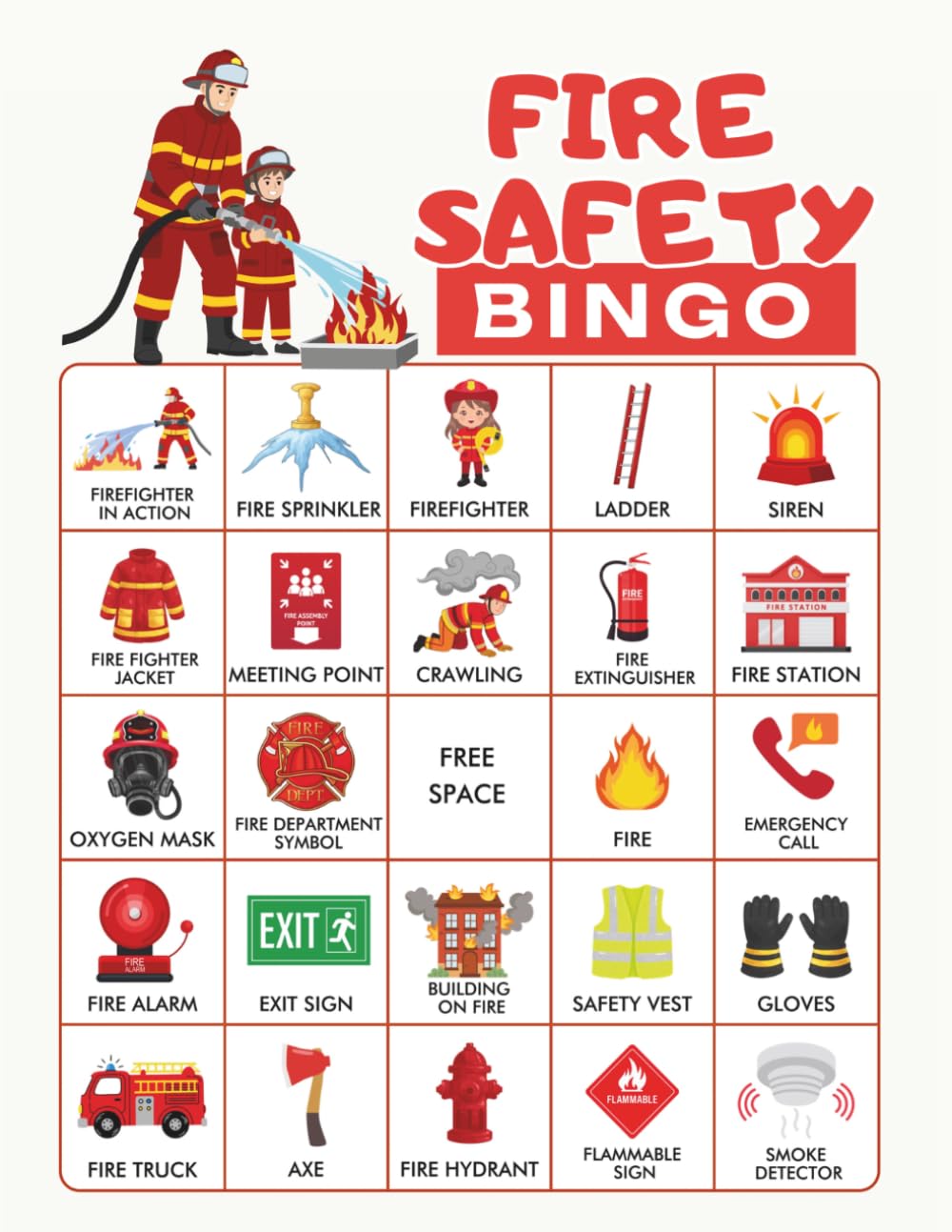 Fire Safety Bingo: 32-Player Firefighter Themed Party Games for Preschool Classroom Emergency Education, Fire Prevention Week, and Community Events