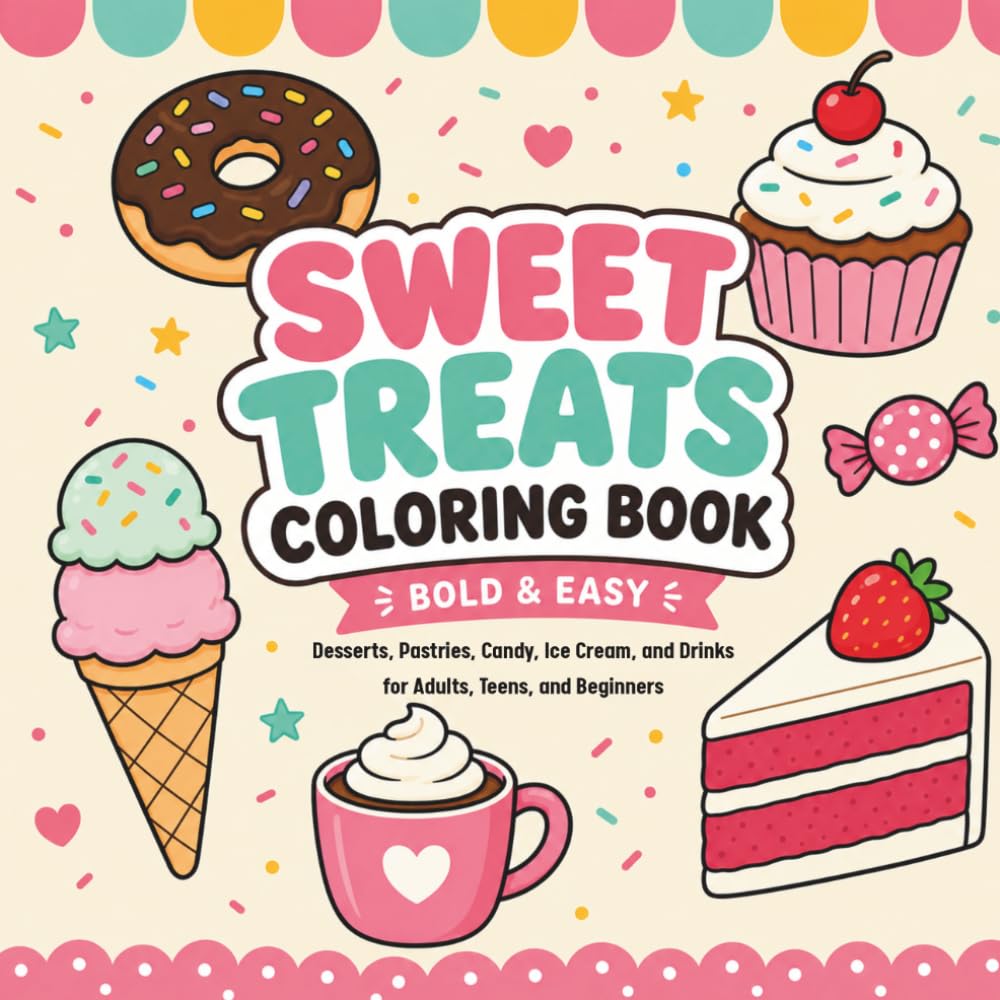ler totalmente Sweet Treats Coloring Book: Bold and Easy Desserts, Pastries, Candy, Ice Cream, and Drinks for Adults, Teens, and Beginners