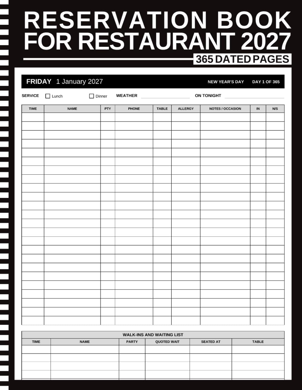 ler totalmente Reservation Book for Restaurant 2027: 365 Dated Pages from January to December | 24 Reservation Lines a Day, Walk-In and Waiting List, Allergy Column, Nightly Cover Count, Month Summaries