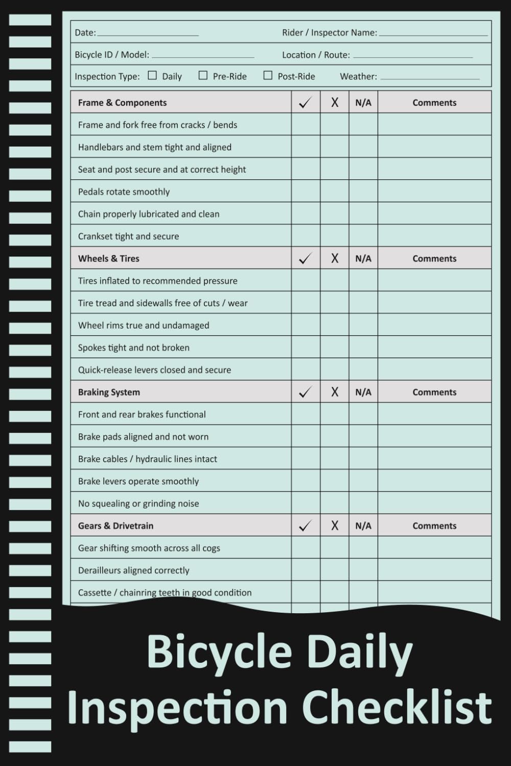 ler totalmente Bicycle Daily Inspection Checklist: Pre-Ride Safety and Equipment Inspection Record for Riders, Bike Shops, and Fleet Operators.