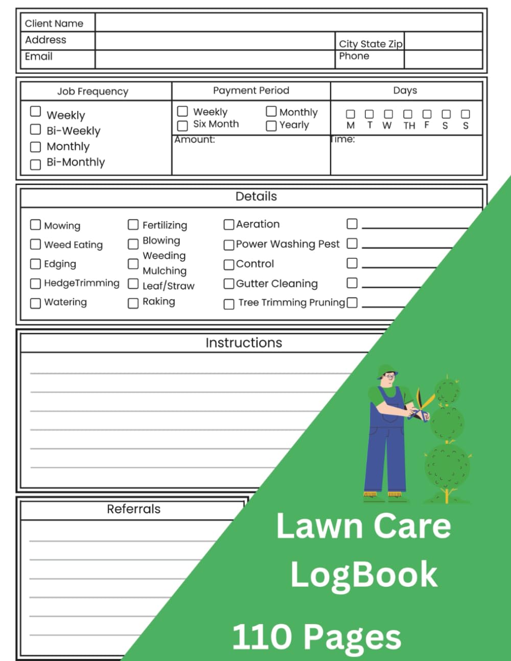ler totalmente Lawn Care Logbook:: Comprehensive Lawn Mowing and Landscape Logbook| Keep Track of Clients Lawn Care with Ease| Organize appointments, Track Payments, 110 Pages 8.5x11 Inches
