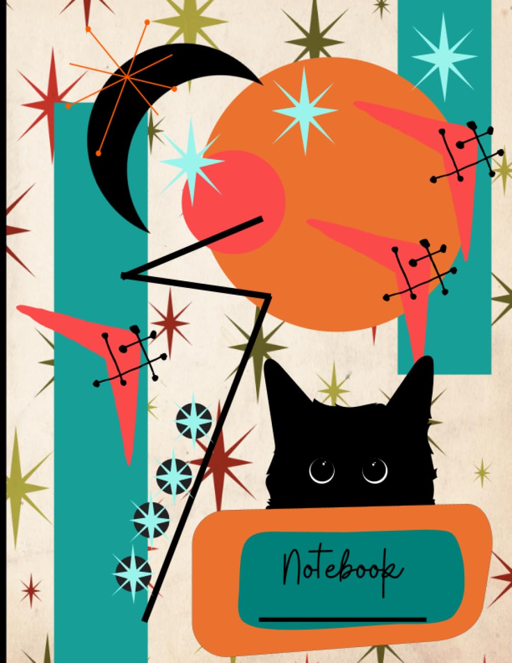 Black Cat Peeking Atomic Notebook: with Midcentury Modern Motifs