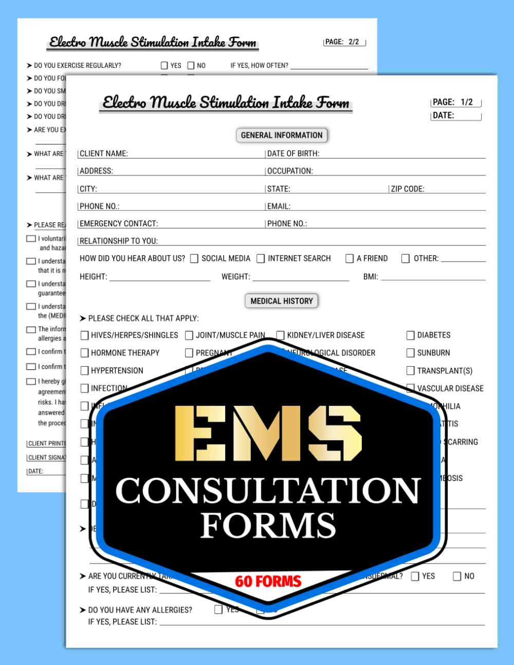 ler totalmente EMS Consultation Forms: Electro Muscle Stimulation Client Intake & Consent Forms for Technicians & Wellness Clinics | 60 Forms, 120 Two-Sided Pages