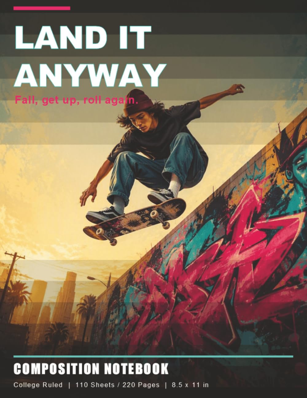 LAND IT ANYWAY COMPOSITION NOTEBOOK: Fall, get up, roll again. College Ruled | 110 Sheets / 220 Pages | 8.5 x 11 in