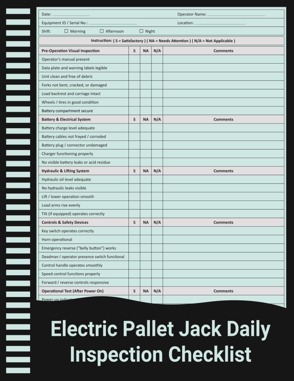 ler totalmente Electric Pallet Jack Daily Inspection Checklist: Pre-Operation Safety & Equipment Inspection Record for Warehouses and Facilities.